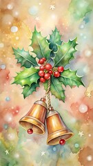 Christmas holly leaves with red berries and golden bells, festive decoration with bokeh background