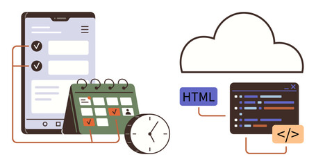 Digital calendar and clock connected to a mobile device with task planning features, linked to cloud-supported coding panel. Ideal for productivity, workflow, teamwork, technology, cloud computing