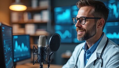 Doctor in lab coat speaks into podcast microphone in studio. Healthcare pro explains medical topics with data graphs on monitors. Physician records health podcast for online audience. Stethoscope