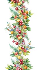 Watercolor garland of berries and pine branches, isolated on white background