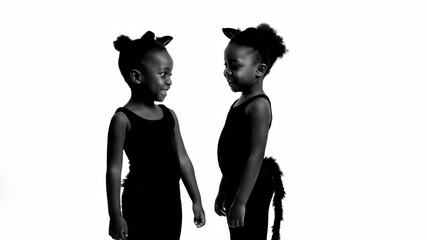 Two Black and White Children Dressed as Cats - Two adorable Black children, wearing identical black cat costumes complete with ears and tails, face each other against a stark white background. - Powered by Adobe