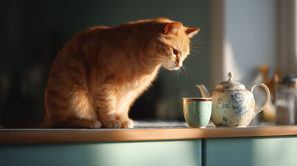 himsical levity moment: a laughing cat pouring tea into a levitating teacup in a pastel kitchen, soft diffuse morning light, whimsical, cheerful mood, visually clean