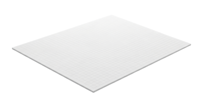 Perfectly rectangular heavyweight drawing paper with precise grey grid lines, sharp edges, on a transparent background with soft studio light, top-down view, concept of precision and order for design