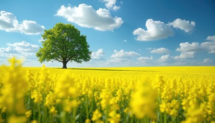 Obraz premium Vibrant yellow field, lone green tree under blue sky with fluffy clouds. Summer bloom, rural landscape, bright sunny day. Serene countryside meadow, fresh natural scenery, peaceful atmosphere.
