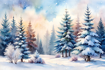 Winter forest landscape with snowcovered pine trees and a soft, colorful sky in watercolor style