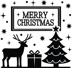 Fototapeta premium Merry christmas text banner template card reindeer tree and snowflake