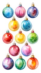 A collection of colorful, watercolor christmas baubles, each with a unique hue and pattern, isolated on a clean white background