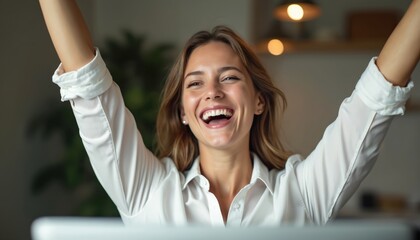 Woman celebrating work anniversary with arms raised in triumph. Joyful woman expresses success, achievement. Employee feels proud, accomplished, happy in office environment. Pro milestone reached.