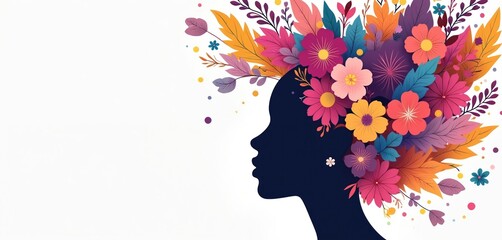 Silhouette of woman with vibrant flowers, leaves bursting from her head, celebrating Women History Month. Pastel colors create cheerful, inspiring atmosphere for banners, posters, greeting cards.