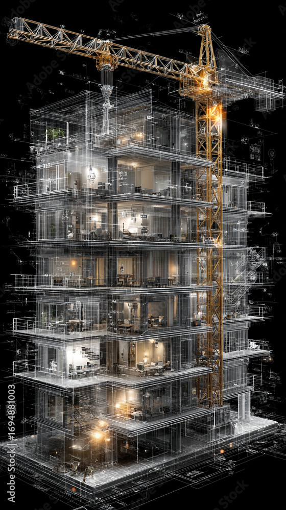 Aufkleber digital 3d model of a building under construction with tower crane showcasing architectural structur