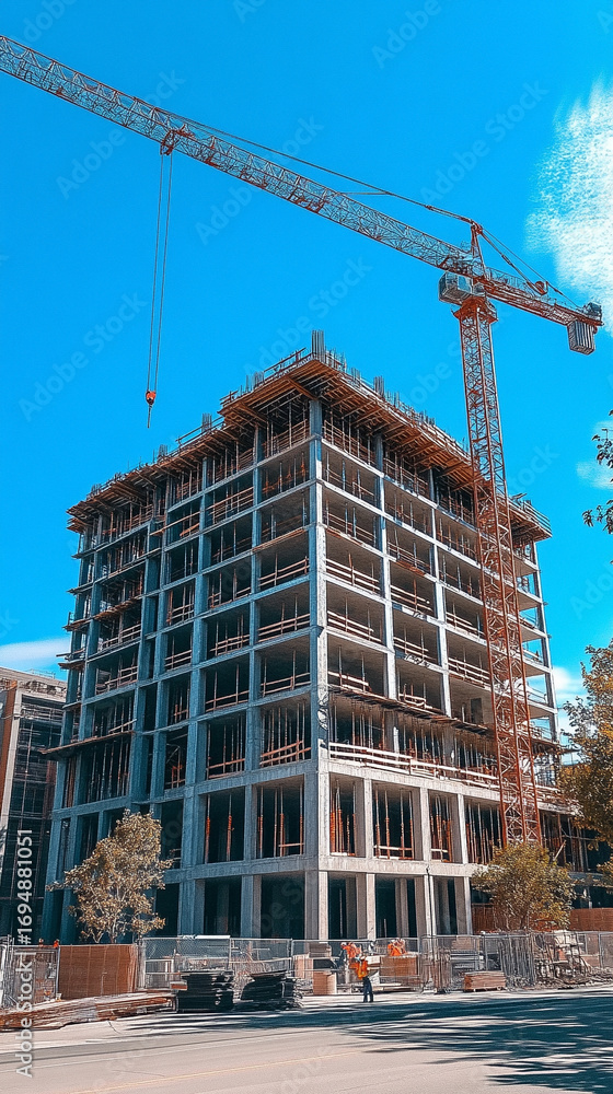 Poster digital 3d model of a building under construction with tower crane showcasing architectural structur