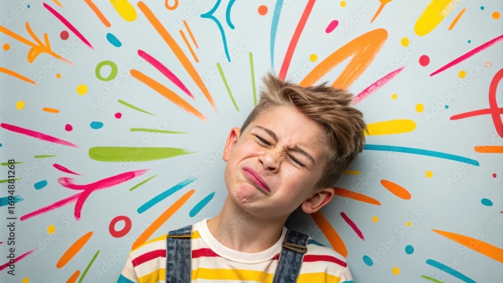 Poster a boy making a silly face their eyes crossed and eyebrows scrunched positioned in front of an eyecat