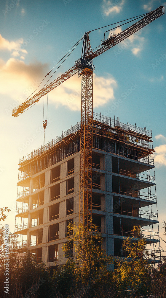 Poster digital 3d model of a building under construction with tower crane showcasing architectural structur