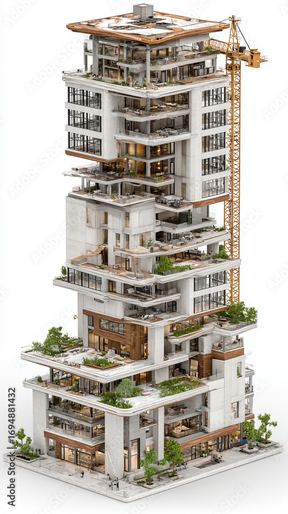 Poster digital 3d model of a building under construction with tower crane showcasing architectural structur