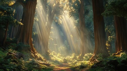 Obraz premium Sunlight filters through dense canopy of tall trees in a lush forest. Rays illuminate ferns and foliage on forest floor, creating a serene, green landscape. Generative by AI