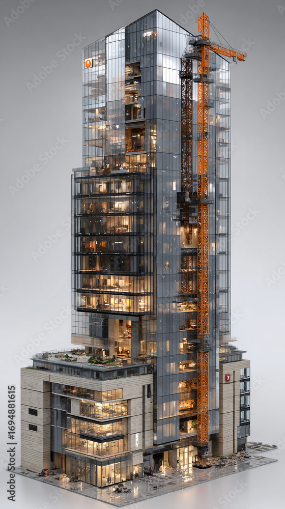Poster digital 3d model of a building under construction with tower crane showcasing architectural structur