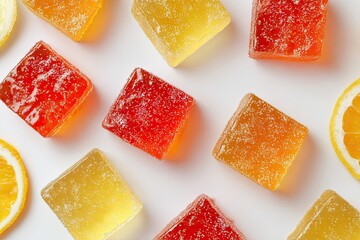 Colorful fruit-flavored jelly cubes arranged on a white surface
