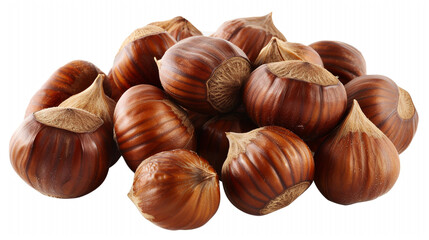 Obraz premium A large pile of whole, raw hazelnuts in their shells, showcasing their textured, brown surfaces, against a clean white background, emphasizing the natural and wholesome quality of the nuts.