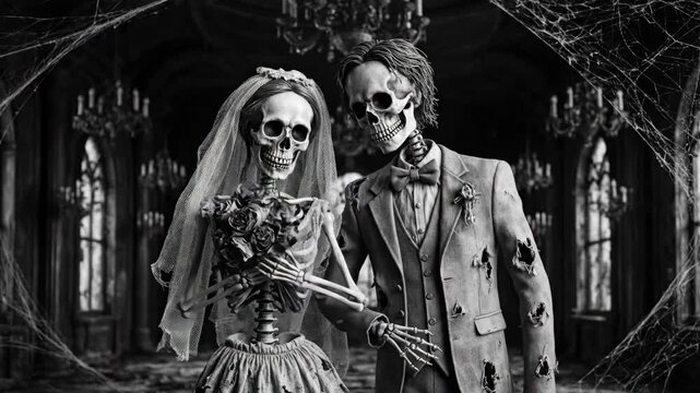 Skeleton Bride and Groom in Haunted Chapel - A black and white video of skeleton bride and groom figures standing in a dilapidated chapel, adorned with cobwebs.