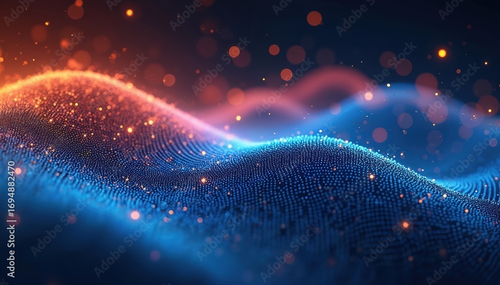 Aufkleber abstract digital wave pattern with blue, orange glowing particles. halftone dots form dynamic surfac