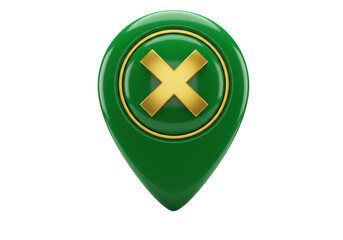 Isolated Green Locator Pin with Gold X Symbol, Location Marker, Map Pointer, Glossy Sign