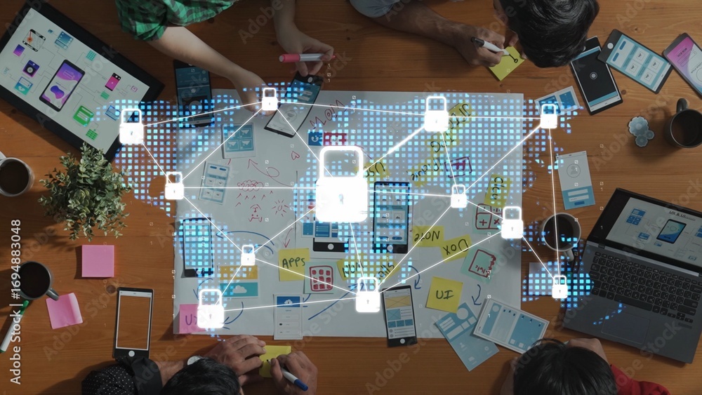 Poster a dynamic collaborative workspace featuring professionals engaged in digital security ideation, surr