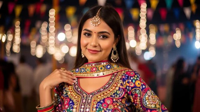 Elegant Indian woman in colorful embroidered traditional attire and jewelry posing confidently during Navratri night cultural festival celebration