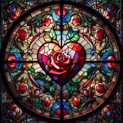 a stained glass window with a heart and rose design