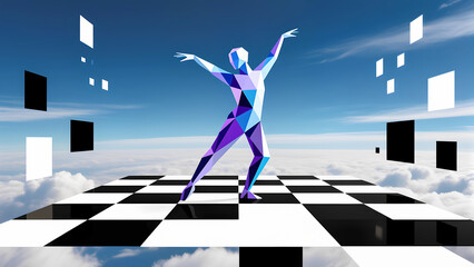 Abstract geometric dancer on a floating chessboard above the clouds