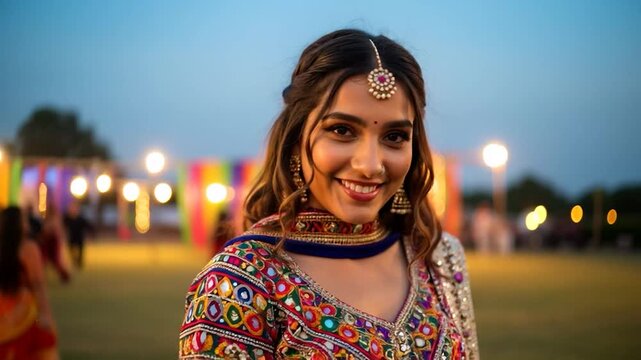 Smiling Indian woman in colorful embroidered traditional attire with jewelry posing during Navratri outdoor garba cultural festival celebration