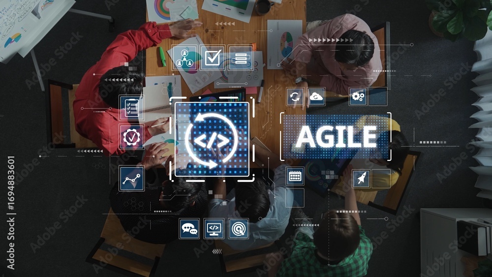 Aufkleber aerial view of a diverse team engaged in an agile brainstorming session, surrounded by technology ic