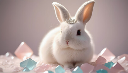 Adorable white rabbit wearing tiara among pastel crystals