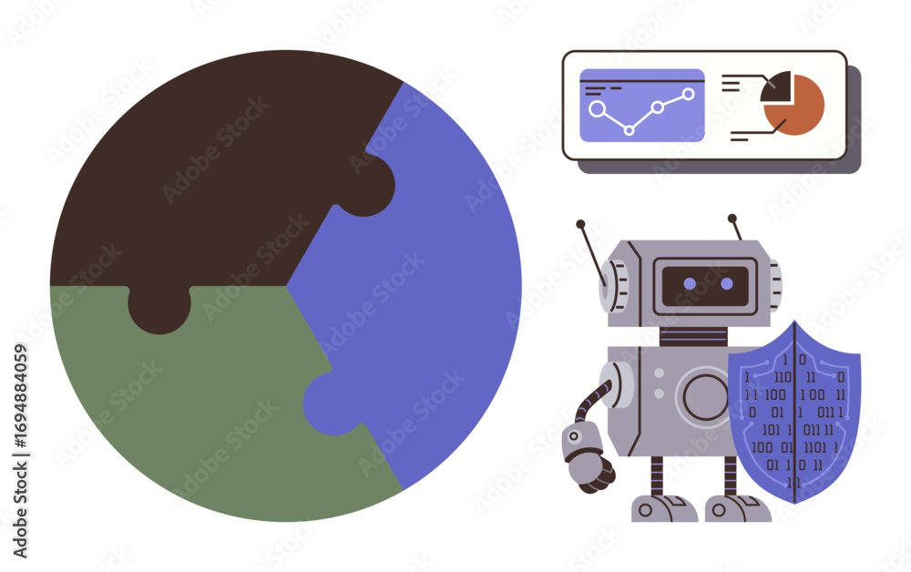 Poster robot holding shield coded with data, global puzzle, screen displaying analytics, graphs, and pie ch