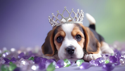 Beagle puppy wearing tiara surrounded by colorful gemstones on purple background