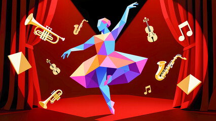 Colorful geometric ballet dancer surrounded by musical instruments on stage