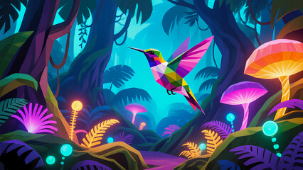 Colorful geometric hummingbird in a vibrant fantasy jungle with glowing plants
