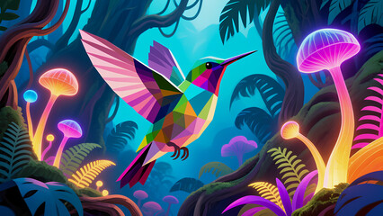 Colorful geometric hummingbird in a vibrant fantasy forest with glowing mushrooms