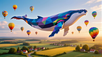 Colorful geometric whale and balloons over serene countryside at sunset