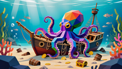 Colorful octopus guards sunken shipwreck with treasure chests underwater