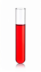 Single test tube with red liquid isolated on white background. Research and medical laboratory
