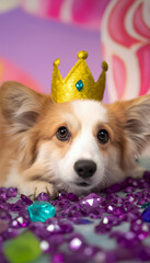 Cute corgi wearing glittery crown surrounded by colorful gemstones indoors