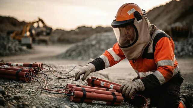 Blaster in protective suit arranging dynamite charges at quarry site, cinematic realism, blasting preparation, safety and explosives handling.