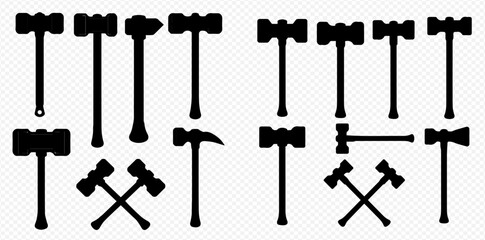 A diverse collection of black hammer and mallet silhouettes, including crossed tool symbols, on a transparent background.