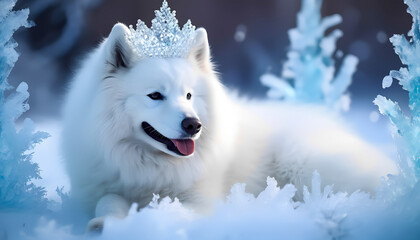 Fluffy white dog wearing crystal crown lying in snowy winter wonderland