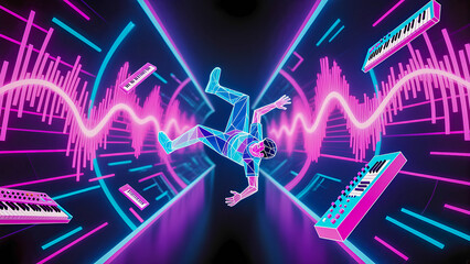Futuristic music journey with neon lights and electronic keyboards