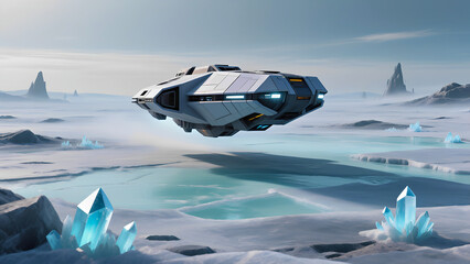 Futuristic spacecraft hovering over frozen alien landscape with ice crystals