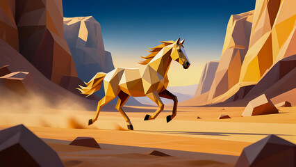 Geometric horse galloping through desert canyon during sunny day