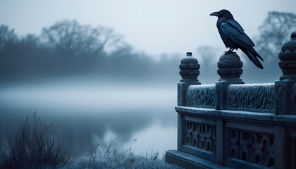 Lonely raven on frosty stone railing in misty morning landscape