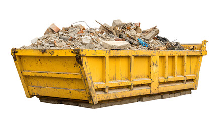 Yellow dumpster filled with construction debris isolated on transparent background.