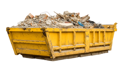 Yellow dumpster filled with construction debris isolated on transparent background.